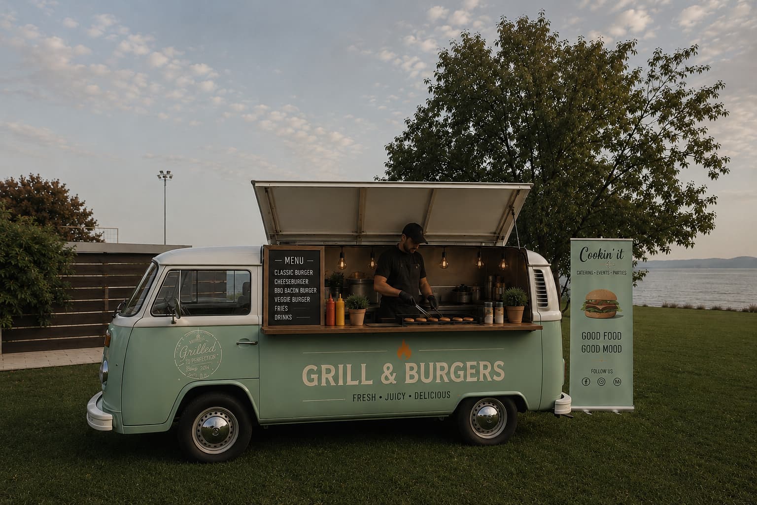 Mint green VW T2 grill and burger truck with chef grilling at full kitchen counter by lakeside