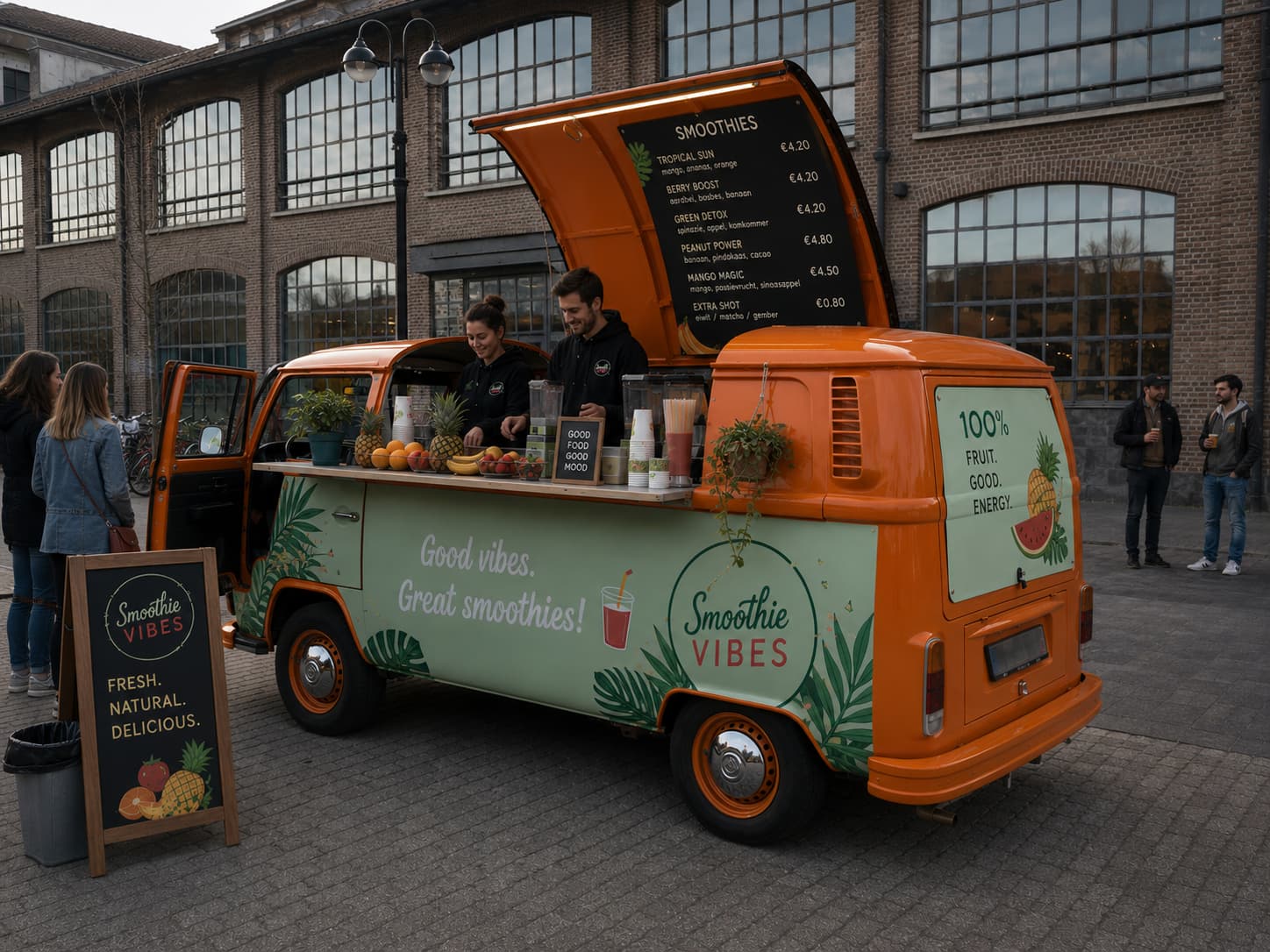 Orange and sage green VW T2 Smoothie Vibes truck with two staff serving at urban brick warehouse