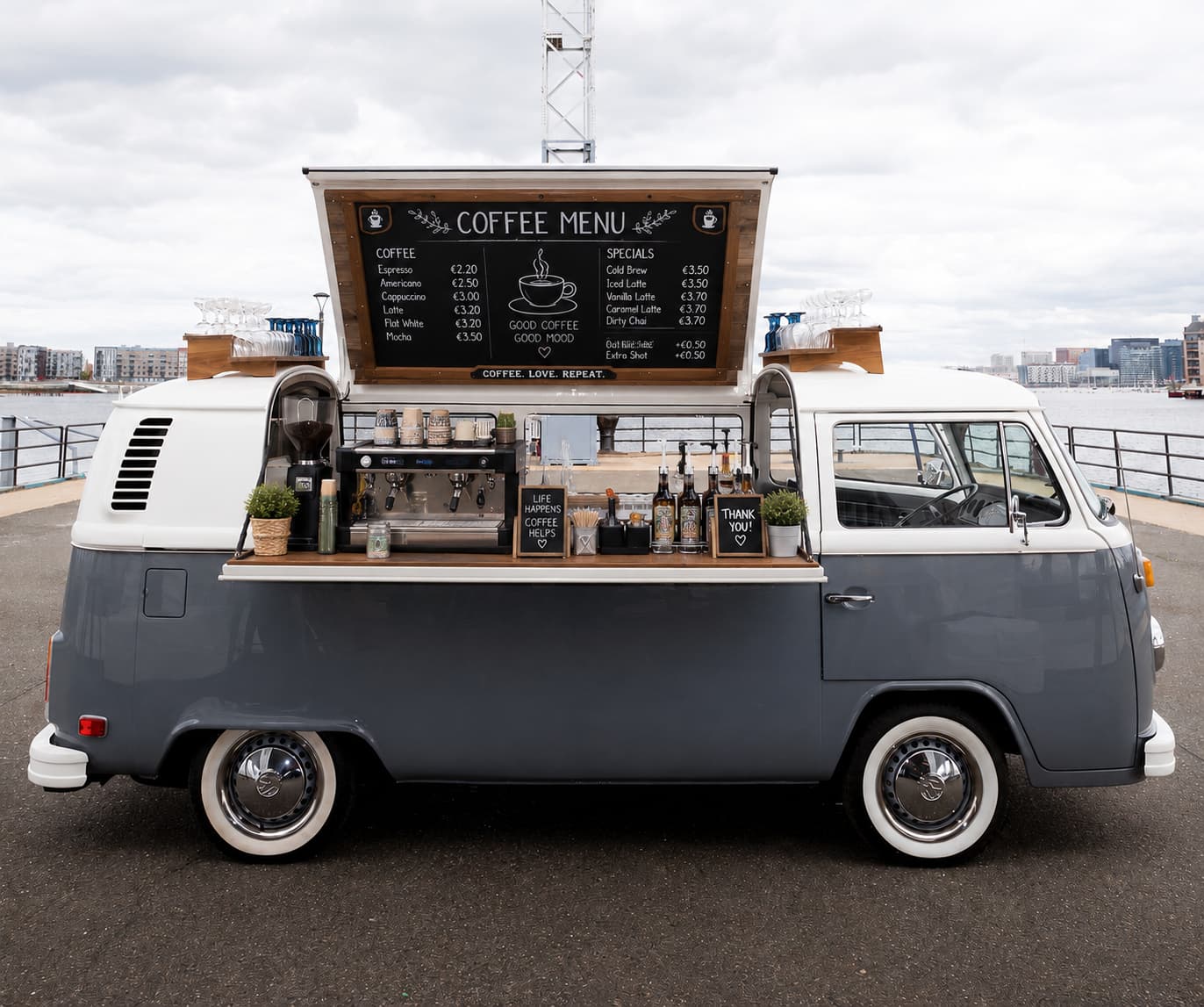 VW T2 coffee truck serving espresso at the harbour