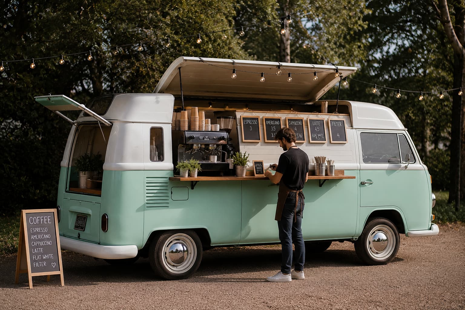 Mint green VW T2 coffee truck with barista serving customer and chalkboard menu