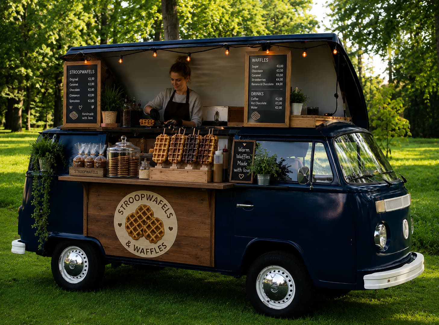 Navy blue VW T2 stroopwafel and waffle truck in park with woman serving and string lights